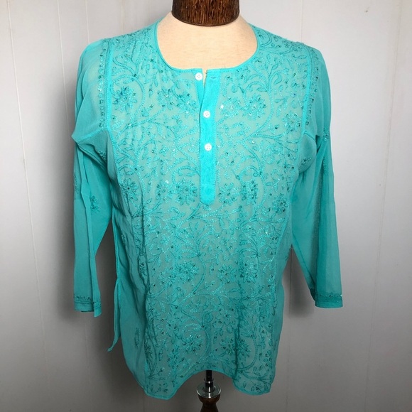 - Womens Aqua Blue & Sequins Sheer Top. Small - Picture 1 of 9